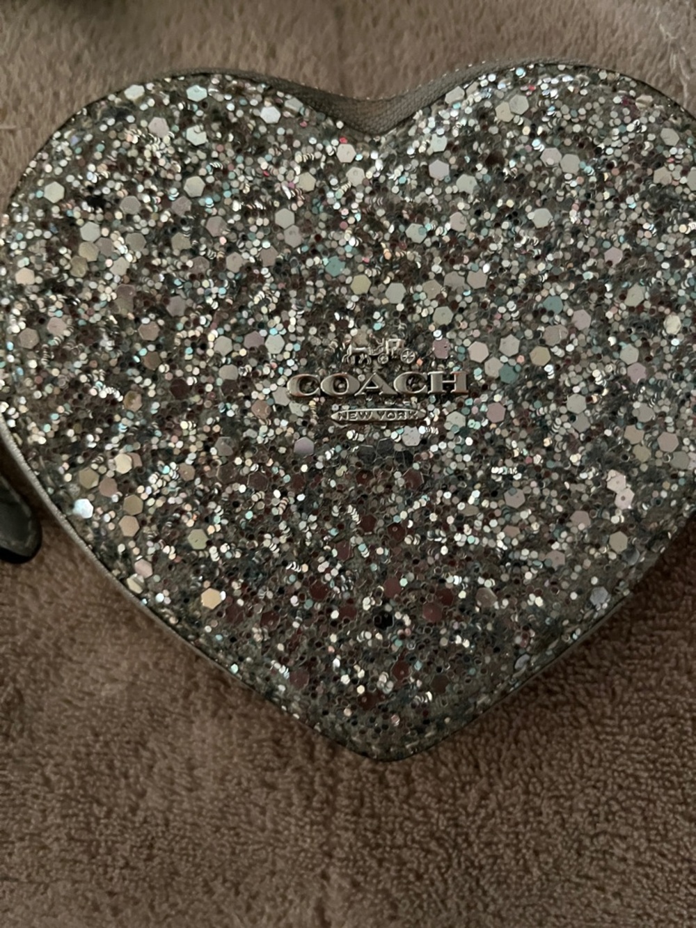Coach Heart-Shaped Glitter Mini Crossbody in Silver